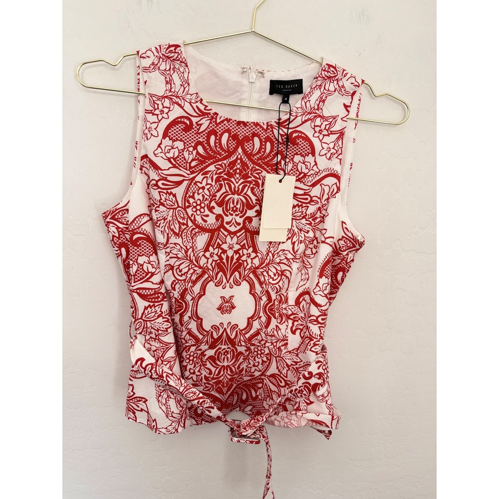 Ted Baker London Red White Floral Damask Belted Peplum Top Sz 4 NEW Preppy Chic